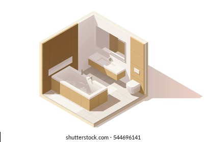 Vector isometric low poly bathroom cutaway icon. Room includes bathtub, furniture, toilet bowl, washbasin