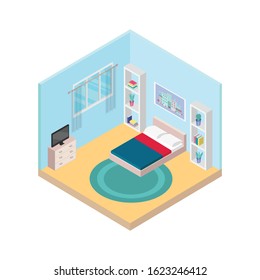 Vector isometric low poly bedroom icon. 3D flat cozy home design illustration includes furniture. Modern set of interior elements: bed, cupboard, books, table, frame, plants