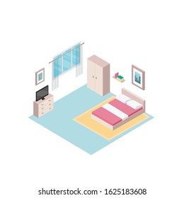Vector isometric low poly bedroom icon. 3D flat cozy home design illustration includes furniture. Modern set of interior elements: locker, tv, books, bed, bookshelf