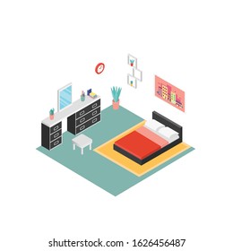 Vector isometric low poly bedroom icon. 3D flat cozy home design illustration includes furniture. Modern set of interior elements: bed, cupboard, books, table, frame, plants