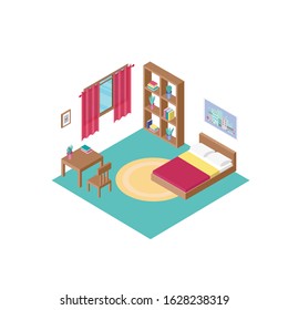 Vector isometric low poly bedroom icon. 3D flat cozy home design illustration includes furniture. Modern set of interior elements: bed, cupboard, books, table, frame, plants