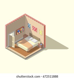 Vector isometric low poly bedroom cutaway icon.