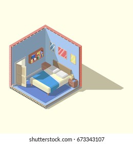 Vector isometric low poly bedroom cutaway icon.