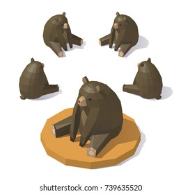 Vector isometric low poly Brown bear. Brown bear from different angles.