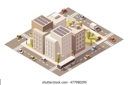 Vector isometric low poly buildings with stores and street elements