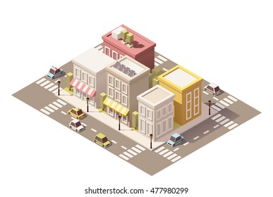 Vector isometric low poly buildings with stores and street elements
