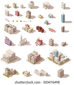 Vector isometric low poly buildings set