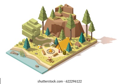 Vector isometric low poly campsite in the wood