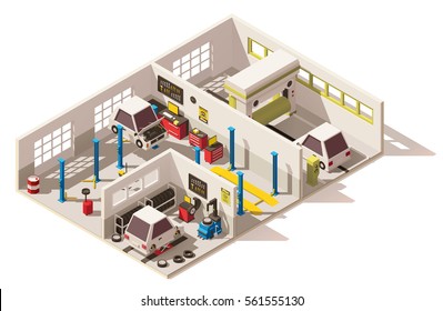 Vector isometric low poly car service center cutaway. Includes car on lift, tire service, car wash, automobile service equipment and tools