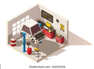 Vector isometric low poly car service center icon. Includes car on lift, automobile service equipment and tools