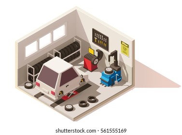 Vector isometric low poly car tire service center icon. Includes car on lift, tires, tire changer, balancing machine, other service equipment and tools