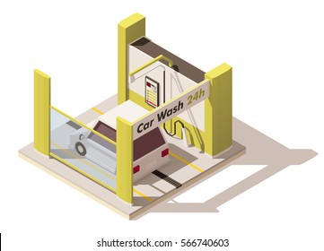 Vector isometric low poly car wash icon. Includes car and self-service carwash equipment