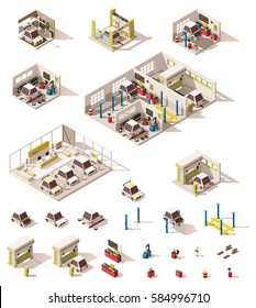 Vector Isometric Low Poly Car Ownership Icons. Includes Garage, Car Service, Car Wash And Dealership