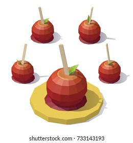 Vector isometric low poly caramel apple. Candy apple from different angles.
