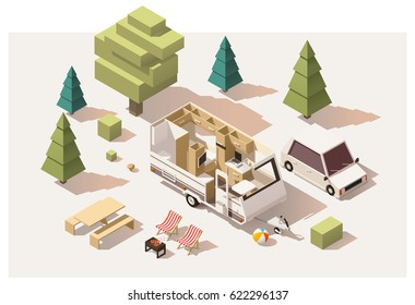 Vector isometric low poly caravan trailer and camping equipment