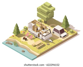 Vector isometric low poly caravan trailer in the campsite