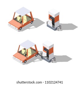 Vector isometric low poly cartoon car. Small gas station pump. Fueling passenger auto.