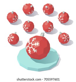 Vector isometric low poly Christmas toy red ball with snowflake. 