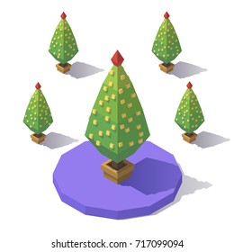 Vector isometric low poly Christmas tree. Tree from different angles.