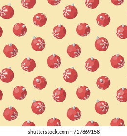 Vector isometric low poly Christmas toy red ball with snowflake. Seamless background.