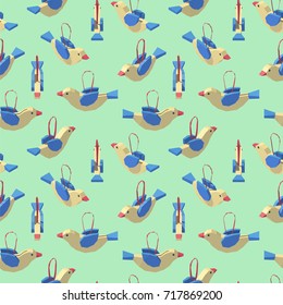 Vector isometric low poly Christmas tree toy birdie. Seamless background.