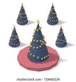 Vector isometric low poly Christmas tree with Star topper. Tree from different angles.