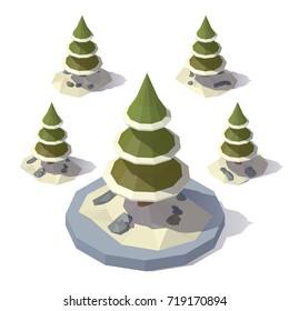 Vector isometric low poly Christmas tree in a snowdrift. Tree from different angles.