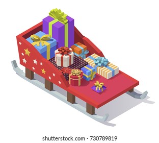 Vector isométrico de bajo poly trineo navideño con cajas de regalo. Comprando Navidad. Navidad, cumpleaños, concepto de fiestas.