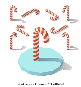 Vector isometric low poly Christmas candy cane. Christmas candy cane from different angles.