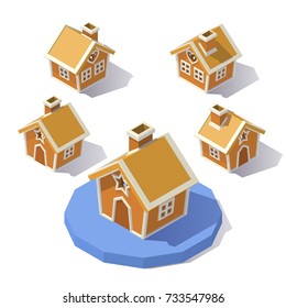 Vector isometric low poly Christmas Gingerbread House. Gingerbread House stocking from different angles.