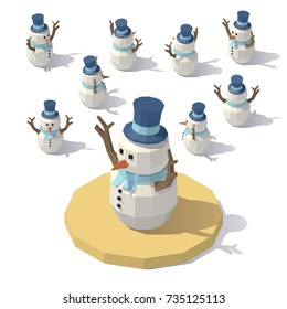 Vector isometric low poly Christmas snowman. Snowman man from different angles.