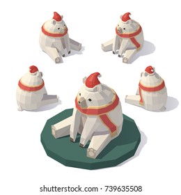 Vector isometric low poly Christmas polar bear. Christmas polar bear from different angles.