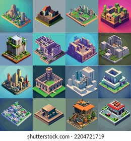 Vector isometric low poly city set