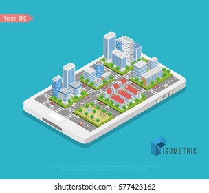 Vector isometric low poly city, Flat isometric buildings on smartphone screen