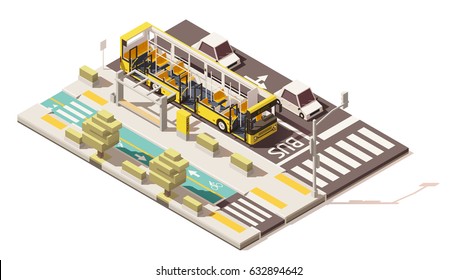 Vector isometric low poly city on the bus lane with dedicated bicycle lane