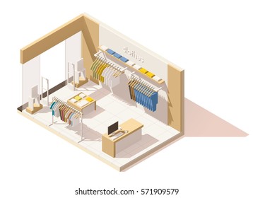 Vector Isometric Low Poly Clothing Store Cutaway Icon. Includes Shop Furniture And Anti-theft Gates