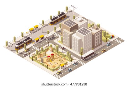 Vector isometric low poly commuter town with blocks, playground and public transport