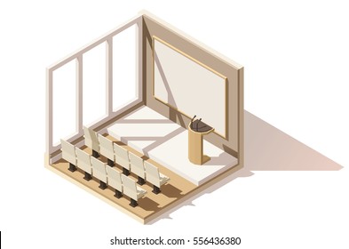 Vector isometric low poly conference room cutaway icon. Includes seats, tribune and projection screen