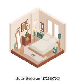 Vektor isometrische Low-Poly-gemütliche Zimmer mit verschiedenen Möbeln.