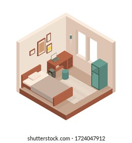 Vector isometric low poly cozy bed room with various furniture. Modern vector illustration.