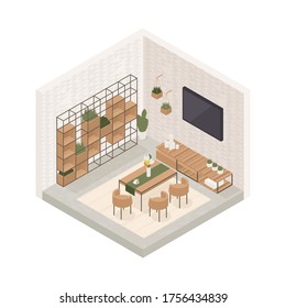 Vector isometric low poly cozy hall with various furniture.