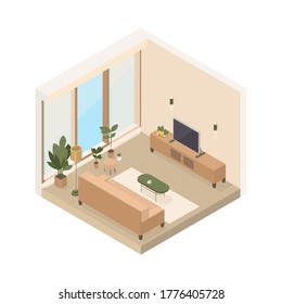 Vector isometric low poly cozy living room with various furniture.