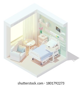 Vector isometric low poly cozy hospital room. Clinic interior. Hospital bed, seat for visitor, heart rate monitor and other equipment