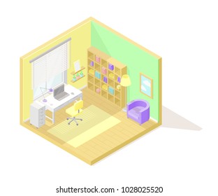 Vector isometric low poly cutaway interior illustartion. Working room with table with a laptop, chair, shelving and other furniture and decoration