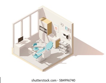 Vector isometric low poly dental office. Includes dental chair, x-ray illuminator and other equipment