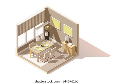 Vector isometric low poly dining room cutaway icon. Room includes table, chairs, other furniture and lamps