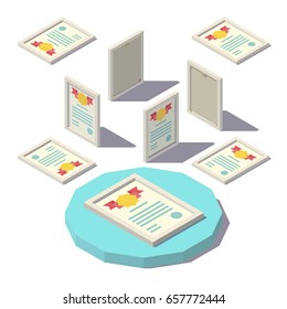 Diploma vectorial isométrico de pozo bajo con cinta roja.