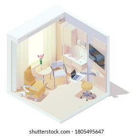 Vector isometric low poly doctor office exam room interior. Medical hospital doctor physical examination room. Clinic interior. Examination chair, doctors working desk, wheelchair and other furniture