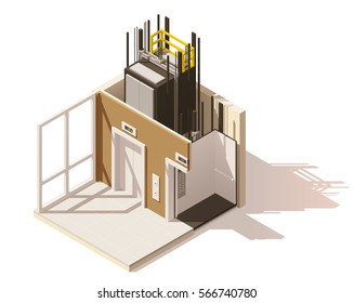 Vector isometric low poly elevator cutaway icon. Includes building hallway interior and elevator cross-section