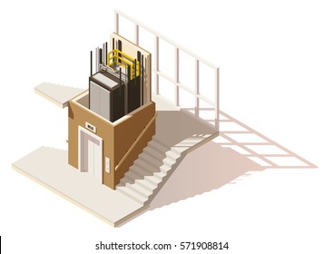 Vector isometric low poly elevator cutaway icon. Includes building hallway interior and elevator cross-section